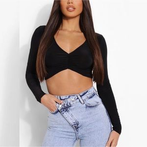 Boohoo Black Long Sleeve Ruched Front Crop Top Size 16